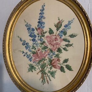 Vintage Cross Stitch Needlework.Embroidery Floral Rose Bouquet Gold Frame